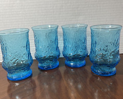 VTG ANCHOR HOCKING RAINFLOWER Laser Blue Turquoise 4” Flat Juice Glasses Lot 4