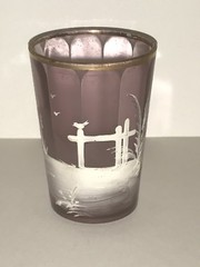 Victorian Amethyst Tumbler Hand Painted Glass Paneled with Landscape Scene 1880s
