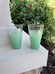 Vintage Blendo Green Ombre Frosted Tumblers Gold Rim MCM Glasses Set of 2