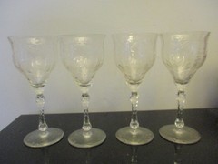 4 Antique Libbey Elegant Glass Etched Floral Leaf Panel Optic 7-3/4″ Wine Goblet