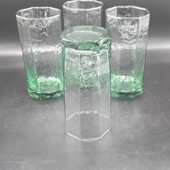 Vintage MCM Textured Green Tint Highball Glasses Set of 4 Hexagon Tumblers 6″