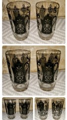 Vintage Swanky Swigs~Juice Glasses Set of 2~Black Teapots/All Over Print 3.75″~