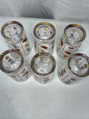 Vintage Set of 6 Tumblers Red Windowpane Assorted Fruits Glasses Retro MCM 4.25”