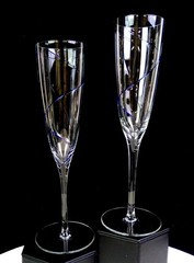 Crate & Barrel Crystal Blue Swirl Line 6 Ounce 2pc 9 3/8″ Champagne Flutes 1987-