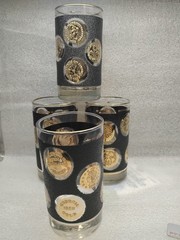Set Of 4 Vintage Libby Mid Century Black & Gold Coin Tumblers Retro Barware