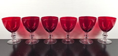 6 Duncan Miller Ruby Red Water Goblet Set Vintage Elegant Clear Stemware MCM Lot
