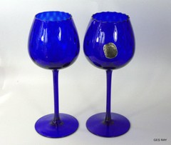 Empoli Italy Cobalt Blue Optical Diamond Design Footed Goblets Mid-Century