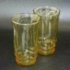 2 Amber Colonial Tulip Glass Tumbler Vintage Anchor Hocking 14 Ounce 5-1/8″ Tall