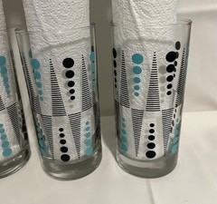 MCM Vintage LIBBEY CRISA Atomic Turquoise & Black Dots Drinking Glasses Set of 4