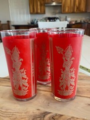 Culver Glass Mid-Century Red & Gold Thai Goddess Highball Glasses, set of 3, EUC