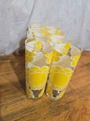 Vintage 8 -Colony Yellow Mod Flower power Glasses MCM Collins 12 oz Barware RARE