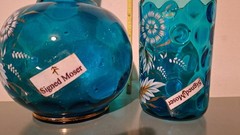 Antique Bohemian Moser Original Blue Enameled Tumble Up Set, 19th Century SIGNED