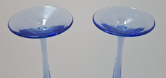 Vintage Champagne Flutes Etched Glass Clear w/Long Blue Stem 11 1/2″ Pair of 2