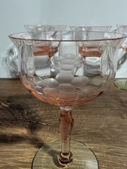 4-Vtg Weston Pink & Green Watermelon Paneled Etched Elegant Wine Glasses UV Glow