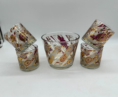 VTG Culver Gold Red Chrysanthemum Rocks Glasses Set of 4 With Ice Bucket Barware