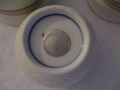 4 Piece Set of Japanese Sake Cups Off White Brown, Blue, Orange and Yellow EUC