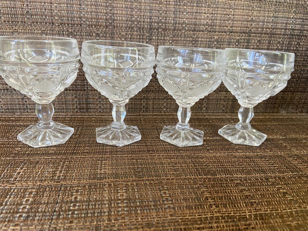 4 Glass Cordials Cut Cross Hatch Hexagon Foot 3″