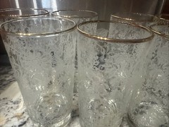 7 VINTAGE LIBBEY WHITE LACE HI BALL MCM GLASSES GOLD RIM GEOMETRIC BAND