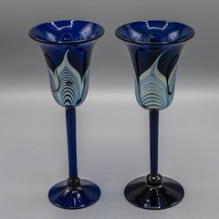 Steven Correia Pulled Feather Blue Iridescent Wine Water Goblet Glass Pair 10″H
