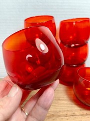 8 Red Orange Amberina Glass Roly Poly Set Anchor Hocking USA Mid Century Retro