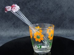 1950s Hazel Atlas Half Pint Orange Flower glass & 4 Glass Santa Swizzle Sticks