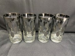 Set of 4 ~ Platinum «POLKA DOT» Glass Tumblers w/Platinum Rim ~ 5 3/4″ Tall