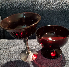 Lot of 2- Ruby Red Wine Glass Chrome Stem & Anchor Hocking Dessert Bowl