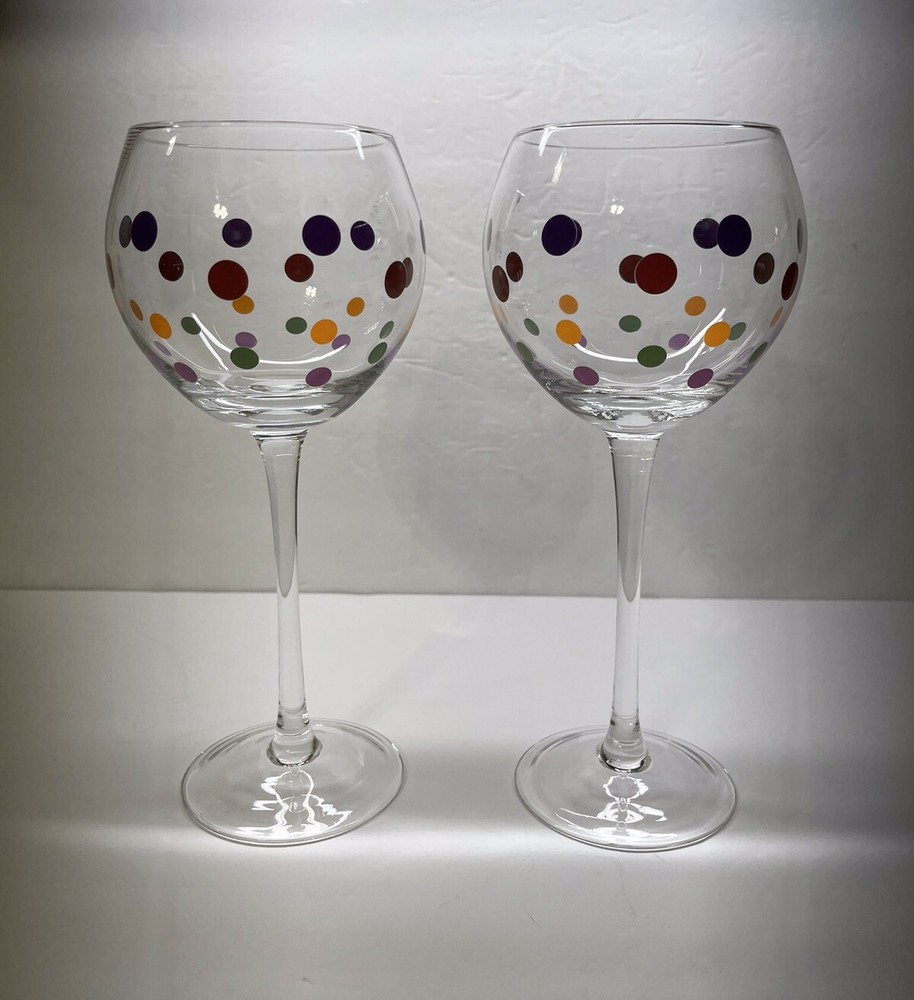 Set of 2 Pampered Chef Simple Additions Polka Dot Balloon Wine Stemware Glasses