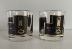 Vintage Set of 2 Telephone Lowball Glasses Retro Barware Tumblers Black Gold