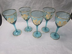 Vintage Romanian Aqua Blue (5) Wine Glasses 22K Gold Gilt Floral Design and Rim