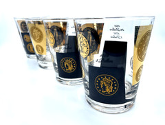Vintage MCM Cera 22K Gold Black Coin Cocktail Old Fashioned Rocks Glass Set 4