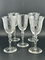 Vintage Bohemian Wheel-Engraved Crystal Wine Goblets Set of 5 5⅜″ c.1930s