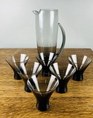 Morgantown Normandie Smoky Glass Pitcher Martini Set 6 Glasses MCM Barware
