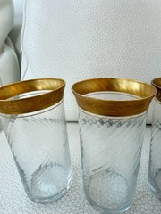 SET OF 6 VINTAGE CLEAR GLASS CUPS GOLD GILT RIM FLORAL SCROLL BARWARE