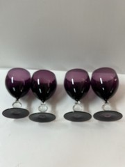 Crystal Stemware with Purple Amethyst Bowl and Foot & Clear Bubble Stem Set of 4
