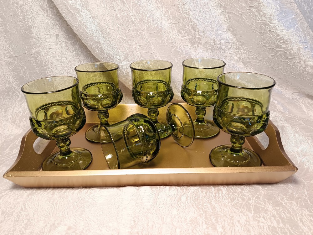 6 Vintage King’s Crown Colony Color 4 3/8″ Green Wine Glasses Goblets Set
