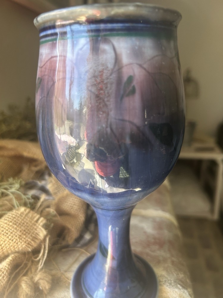 Vintage Water Or Wine Goblet. 2005. Blue Drip Glaze With Vines And Leaves.