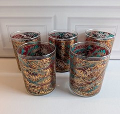 5 MCM 22K Gold Culver Peacock Feather Swirl Old Fashion Glasses Barware Whiskey