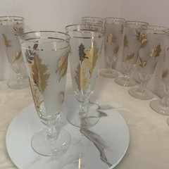 Libbey Golden Foliage (Frosted Gold Leaf) Footed Pilsner MCM Glasses Set of 10