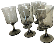 Set 6 Vintage Libbey Smoke Gray Optic Swirl Goblets Water Wine Glasses MCM EUC