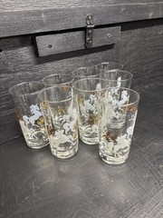 8 Vintage MCM Libbey Clear Glass 5.25” Tumblers With Gold & White Accents