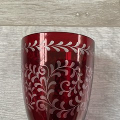 Vintage Hand blown Bohemian Ruby Red Cut To Clear Glass Tumbler. 4inHx3inW