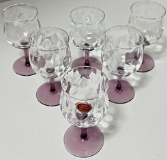 6 Old Thomas Webb Amethyst Quilted Optic / Venetian Ripple Wavy Crystal Glasses