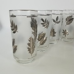 Vintage MCM Silver Leaf Frosted 6 pc Drinking Glass Set by Libbey Leaves Foliage