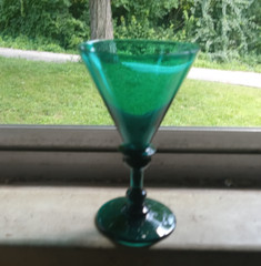 1800s FREE BLOWN PONTILED WINE GLASS PRETTY TEAL BLUE COLOR DOUBLE KNOB STEM
