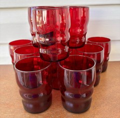 12 Anchor Hocking Royal Ruby Red Ripple Juice Glasses 3.5″ 1950’s Drinkware