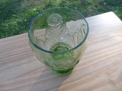 ANTHROPOLOGIE Helianthus Green Glass Water Goblet Floral Flower Glassware 5” H