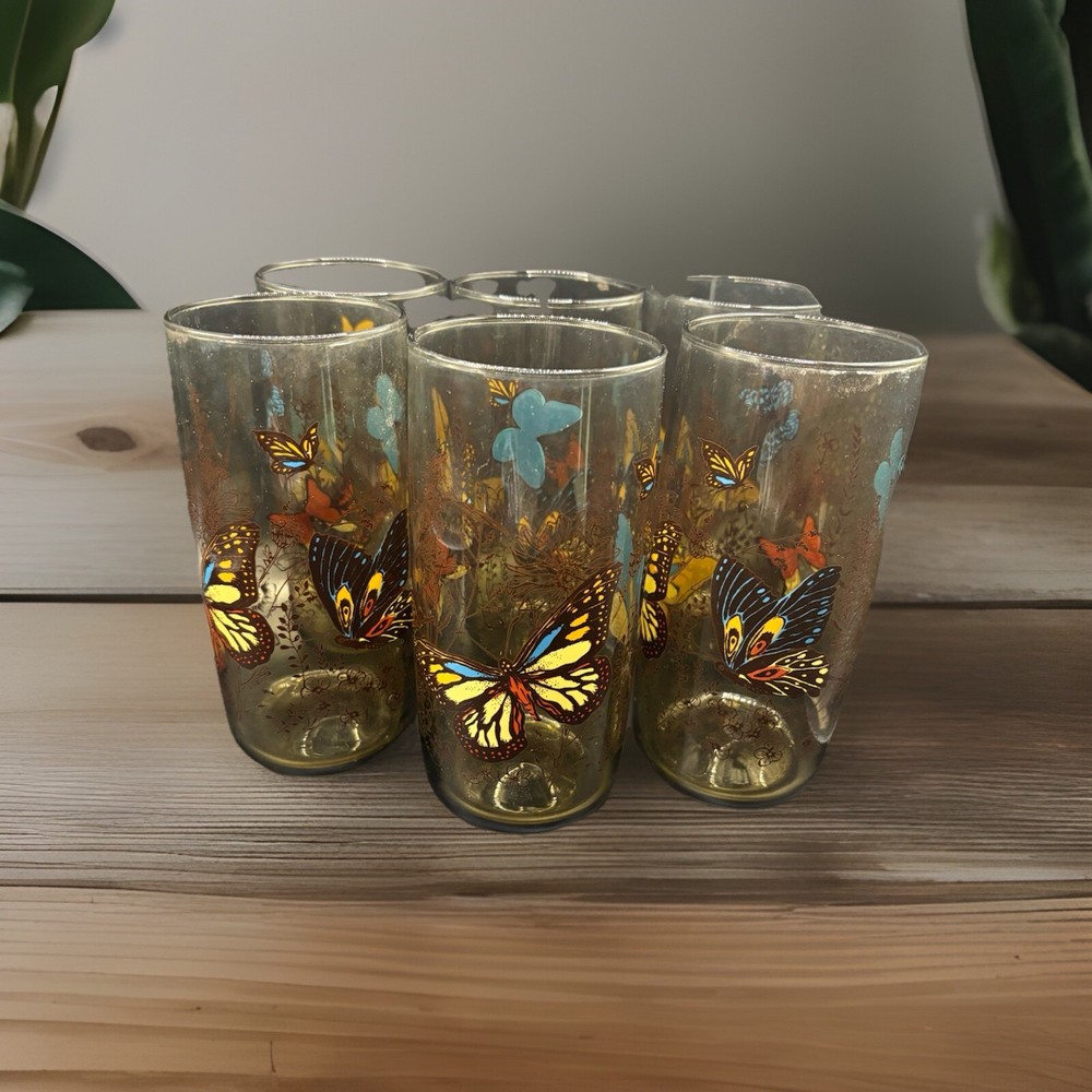 6 Libbey Tawny Garden Party Tumbler Butterfly Vntg Monarch glasses 1970’s Read