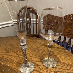 Decorative Clear Silver Wine & Champagne Glass Set w/ Rhinestone Stems, 2pc