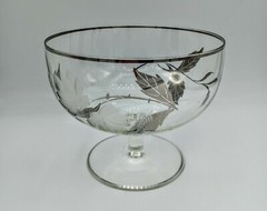 HUGE Vintage Etched Glass Compote Silver Overlay Leaf Relief MCM 5 & 1/2″ tall